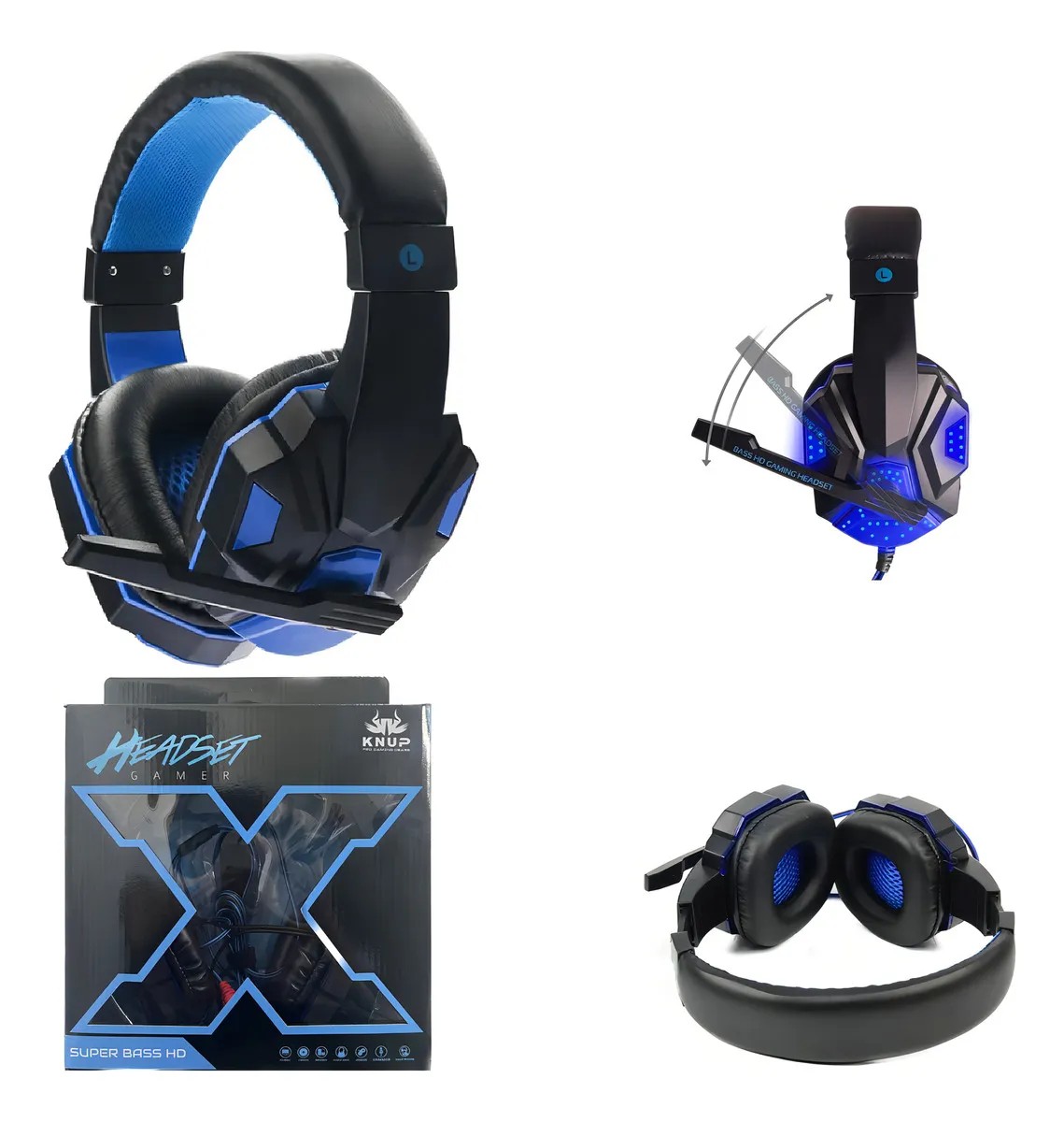 Headset Gamer Over-ear Knup KP-397 Preto/Azul LED Microfone Flexível