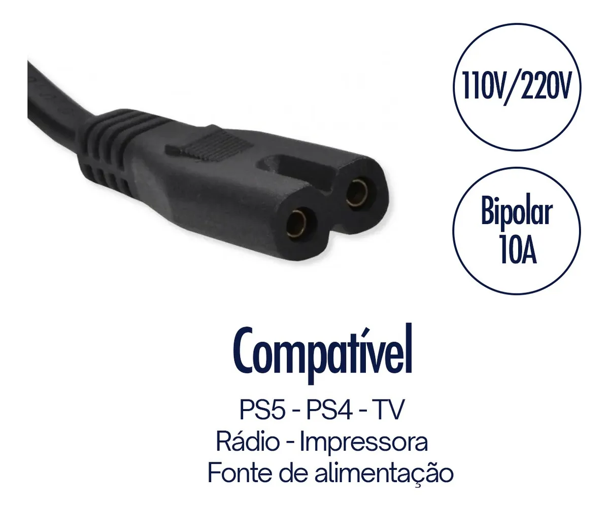 Cabo Força Energia Bipolar P/ Impressora Tv Ps4 Ps5 Preto 127/220v