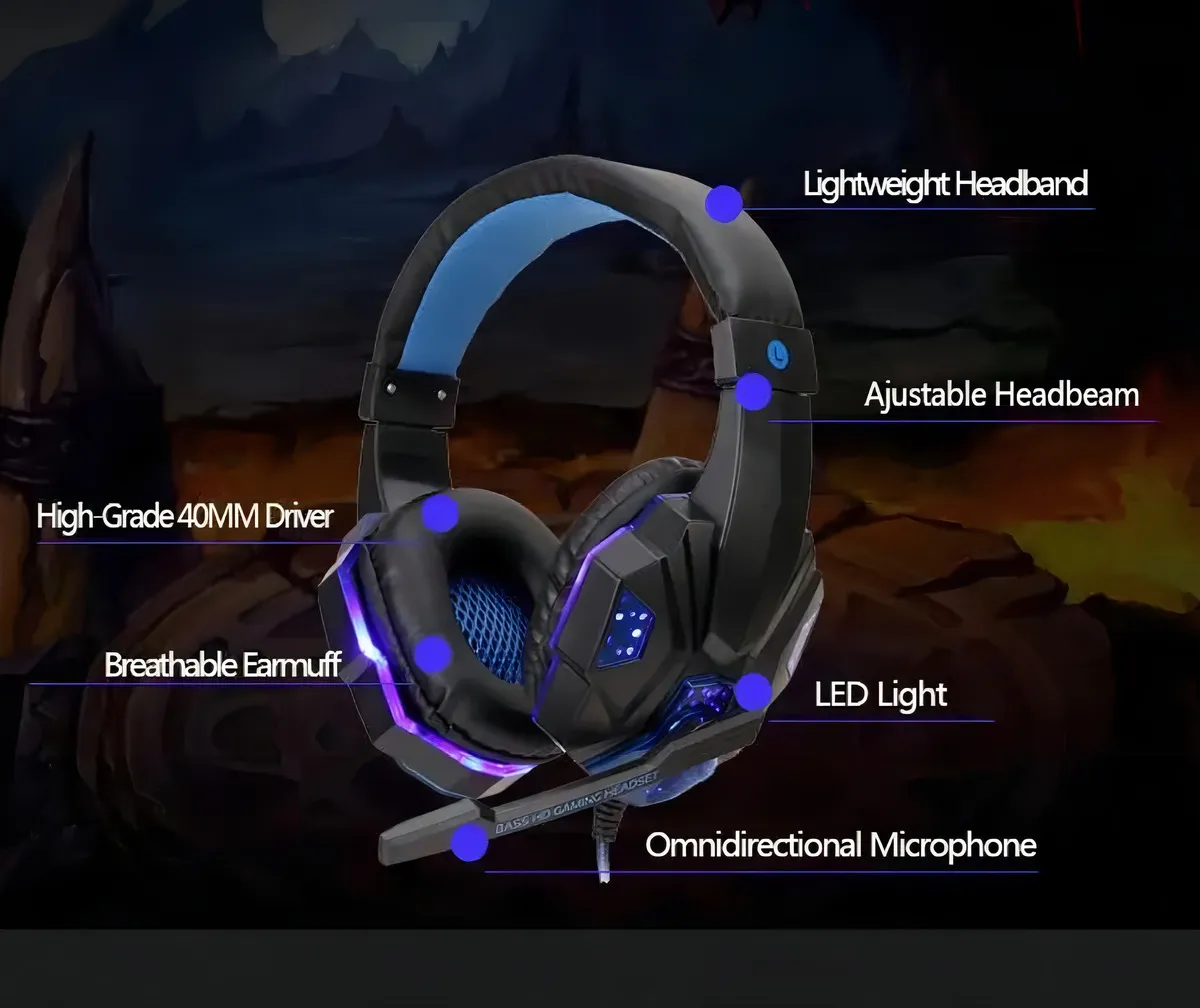 Headset Gamer Over-ear Knup KP-397 Preto/Azul LED Microfone Flexível