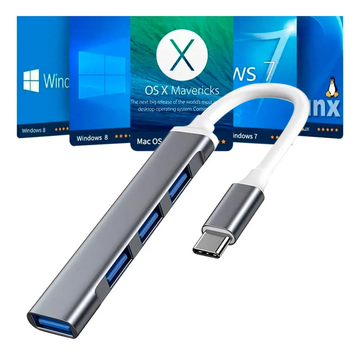 Hub USB Tipo C Strimtech 4 Portas USB 3.0 5 Gbps Cinza para Macbook e Android