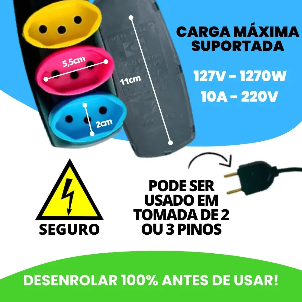 Extensão Elétrica 5 Metros Bivolt C/ 3 Tomadas