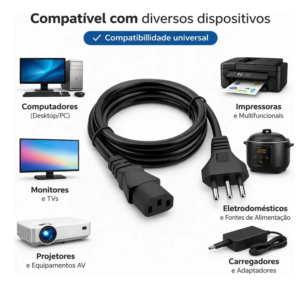Cabo De Força, Para Pc Monitor Impressora 1,5m Metros Padrão Brasileiro Bivolt 110v 220v