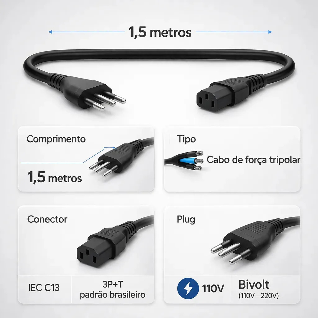 Cabo De Força, Para Pc Monitor Impressora 1,5m Metros Padrão Brasileiro Bivolt 110v 220v