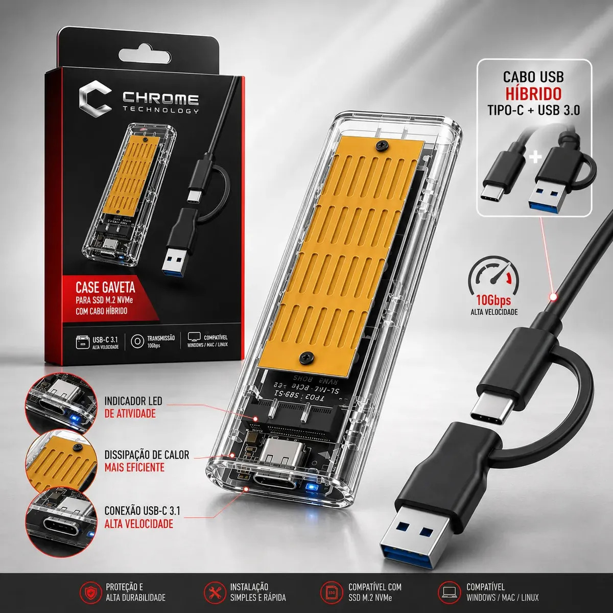 Case ssd M2 Nvme e Sata Ngff Adaptador Hd Externo M.2 Cabo Usb 3.1 Tipo C Hibrido 10Gb